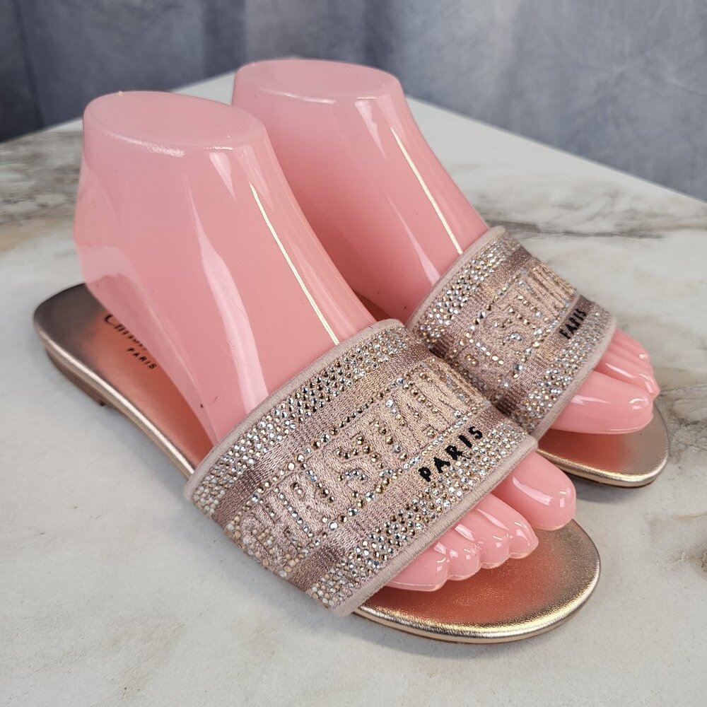 Christian Dior Paris Dway Slides Rose Gold Embroidered Jewel Studded 37